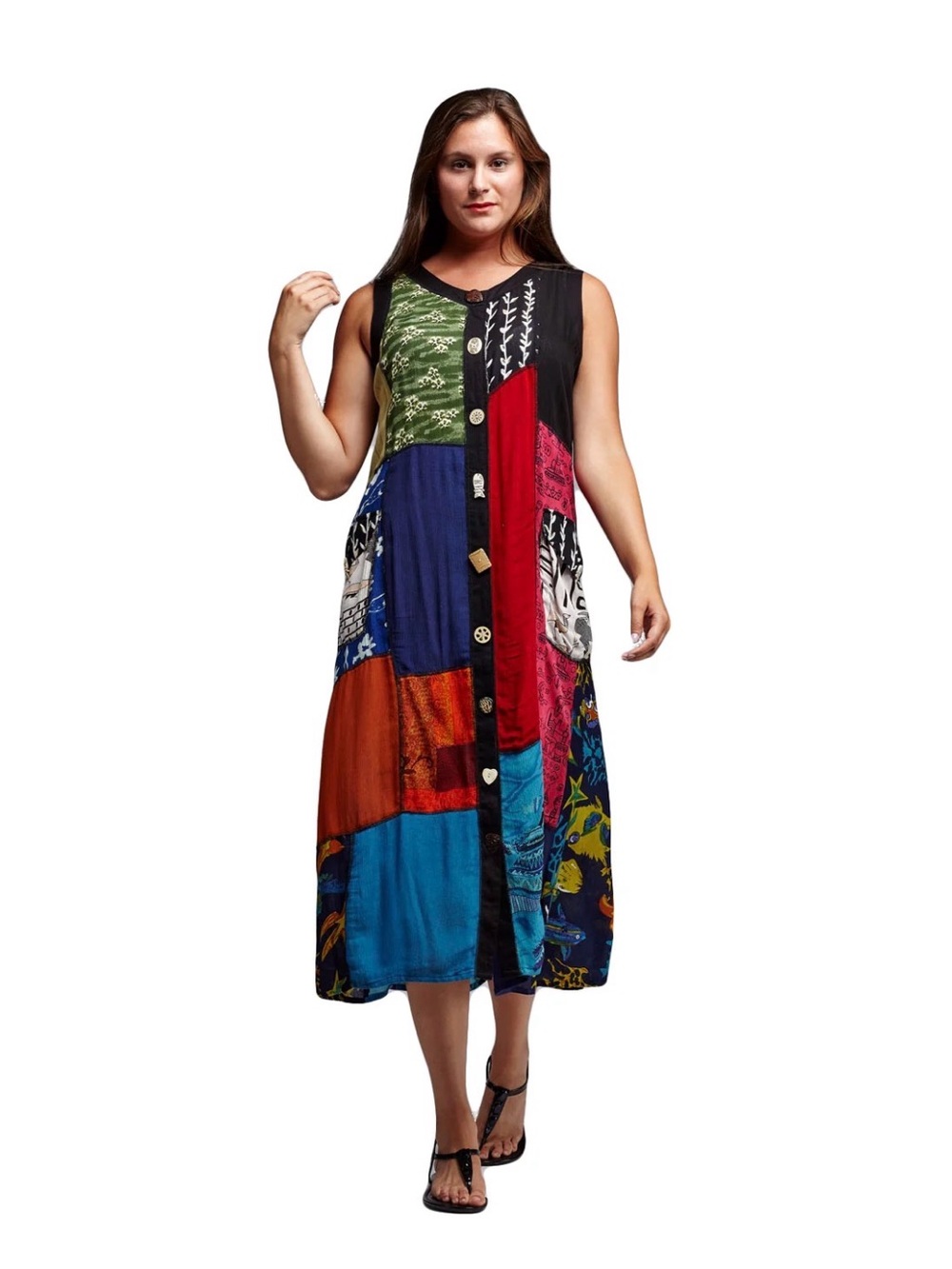 La Cera Boho Patchwork Funky Fish Button Dress - Medium